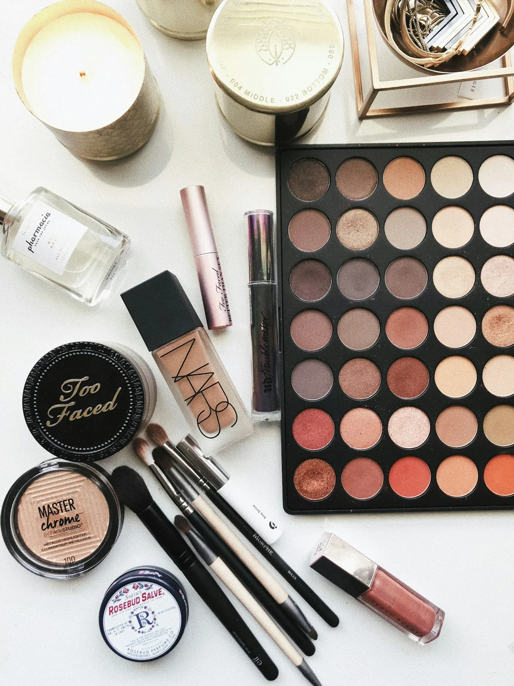 Makeup brushes and cosmetics ready for use